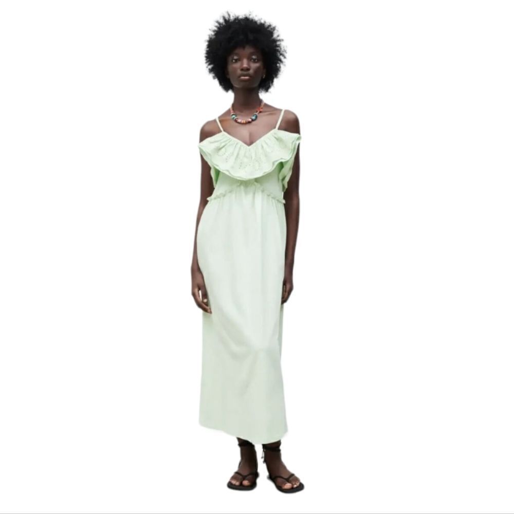 ZARA mint green eyelet lace relaxed voluminous midi dress L